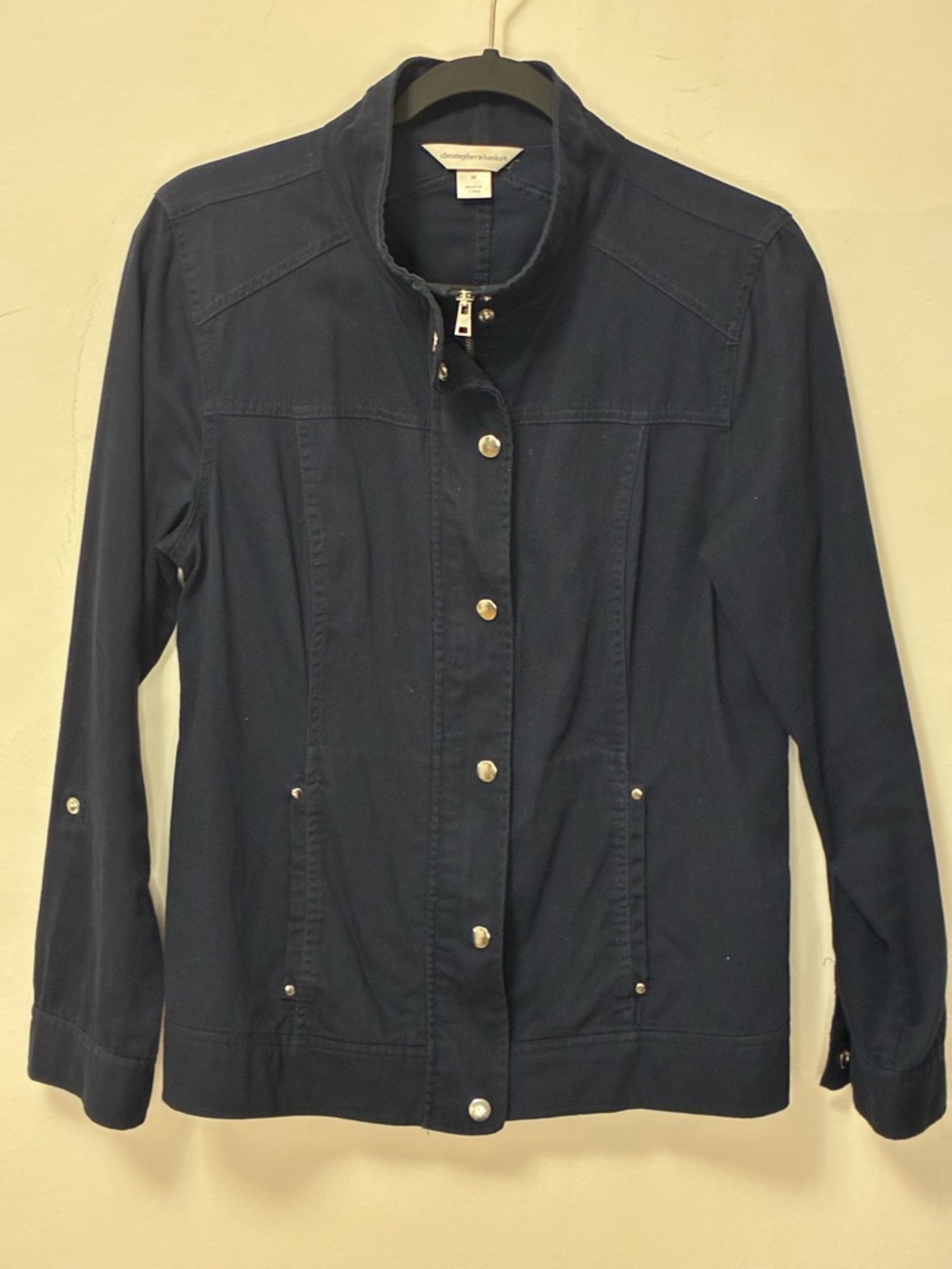 EUC Coldwater Creek Navy Blue Brushed Cotton-Zip Front Funnel Neck Jacket Med